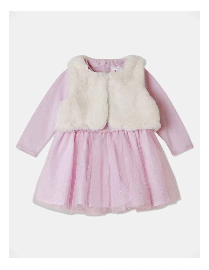 Sprout Knit Tulle Dress And Fur Vest Light Pink