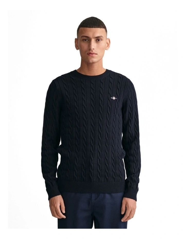 Cotton Cable Knit Crew Neck Sweater in Evening Blue