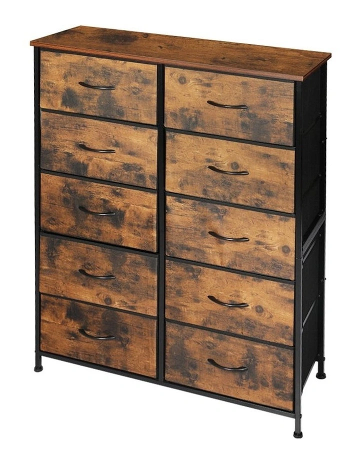 Chest of 10 Drawers Tallboy Retro Storage Cabinet in Brown