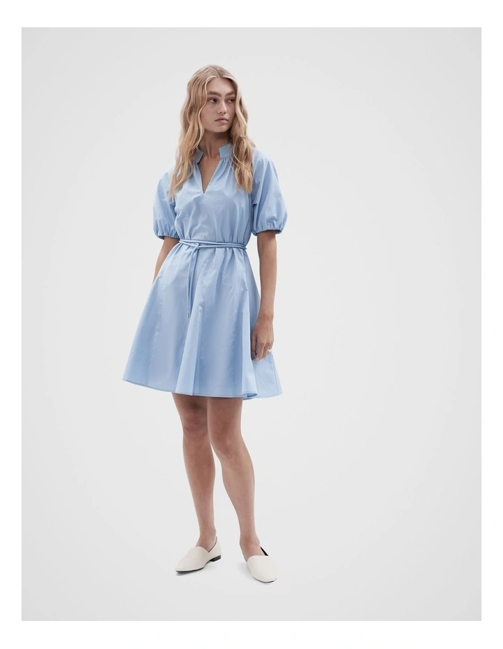 Cotton Puff Sleeve Dress in Soft Blue