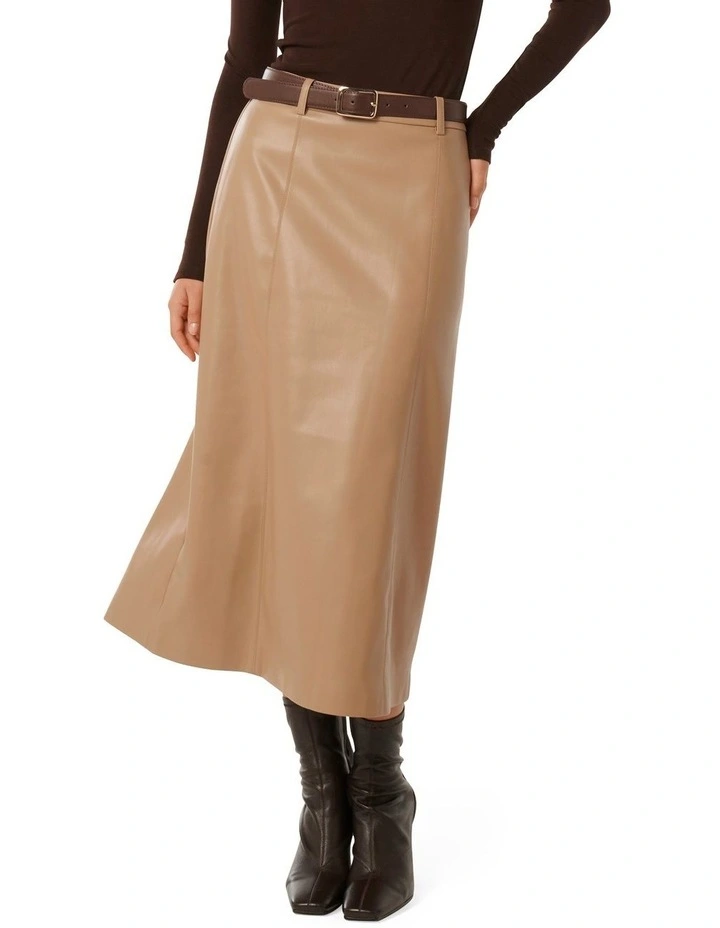 Katy Vegan Leather Belted Midi Skirt in Brown