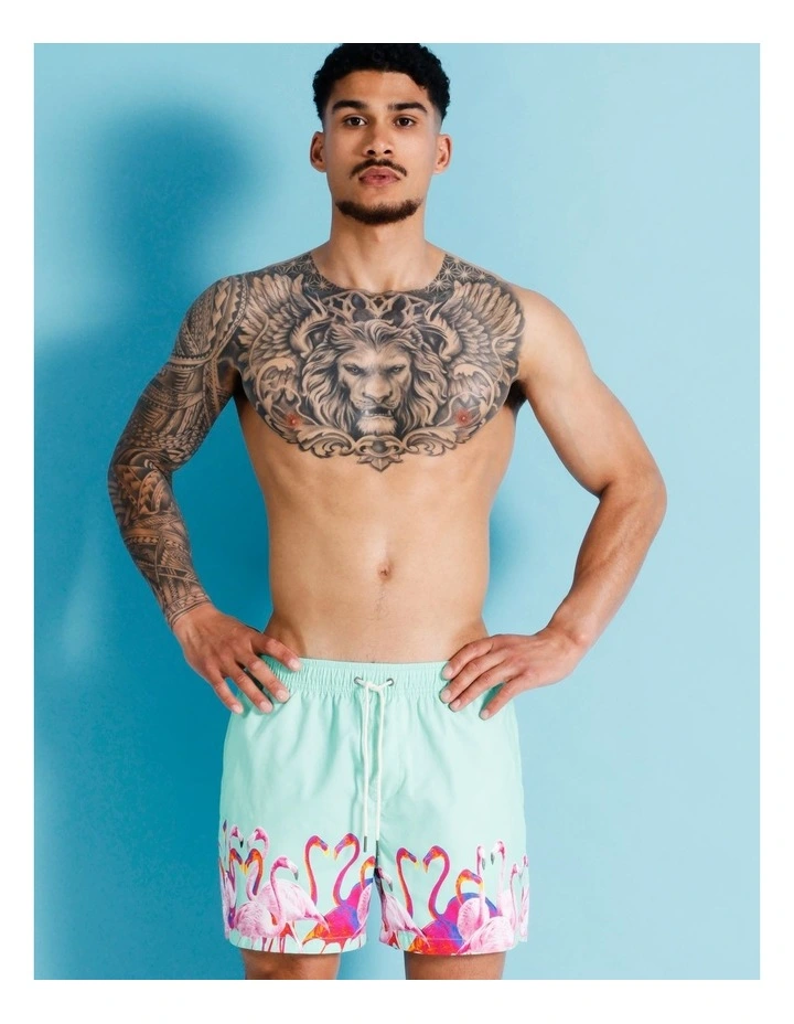 Curious Flamingo Print Swim Short in Assorted