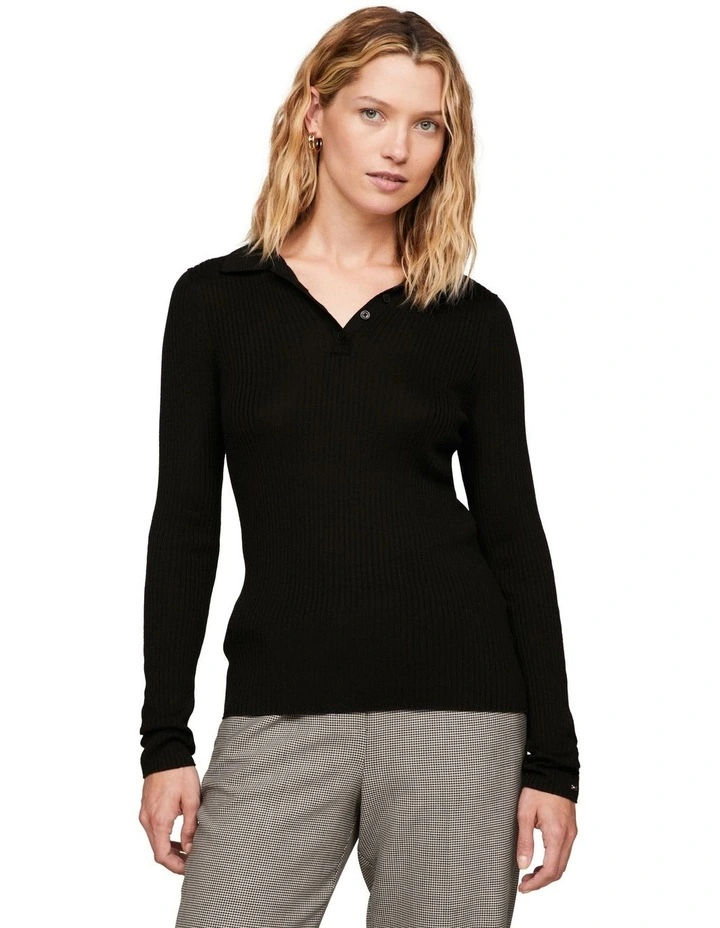 Fine Ribs Polo Sweater in Black