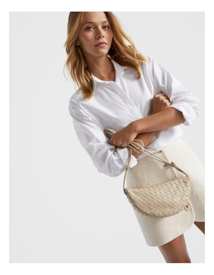 Leather Woven Crossbody Bag in Champagne Beige