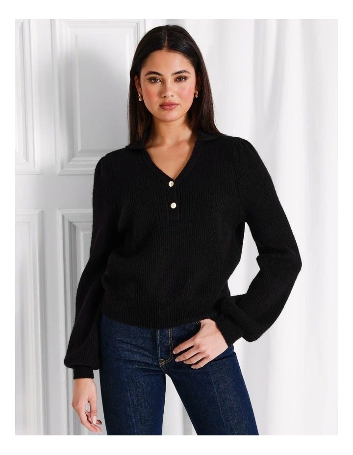 Half Placket Puff Sleeve Knit Jumper in Black