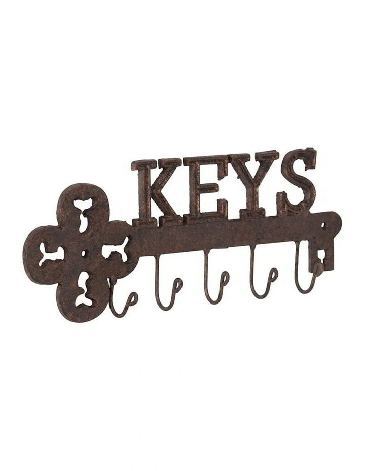 Cast Iron Skeleton key Design Wall Hanger 5 Hook in Brown