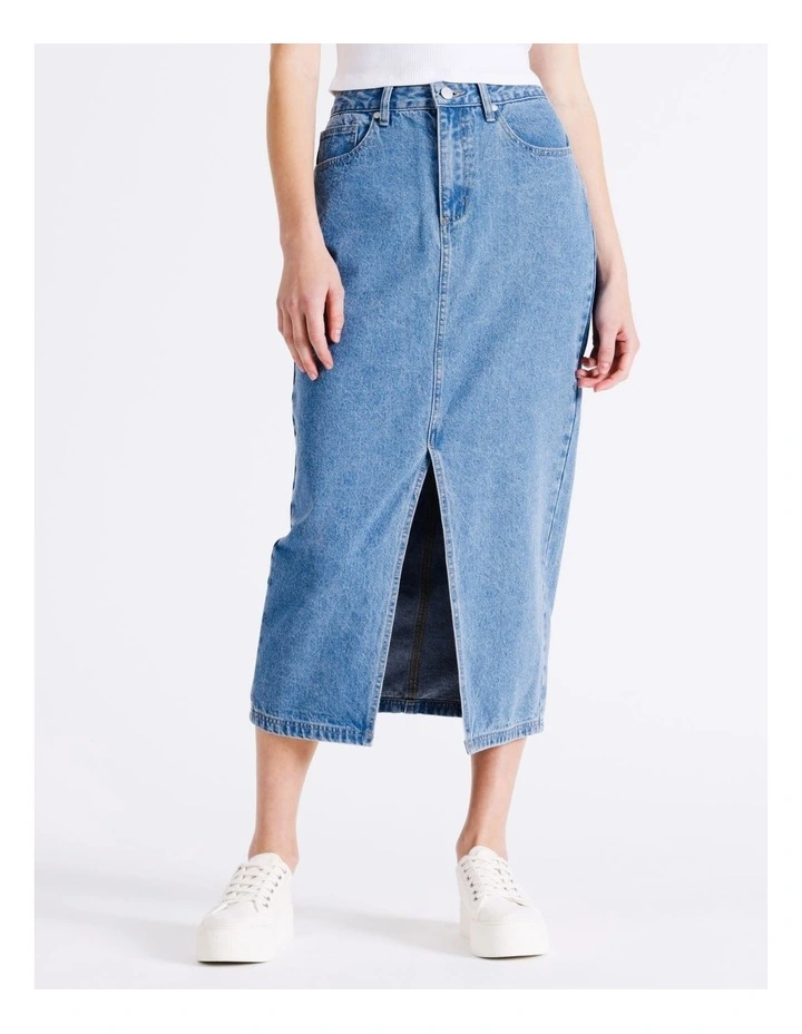 Recycled Blend Denim Maxi Skirt in Mid Blue Wash