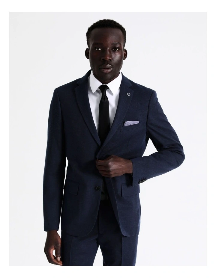 Slim Plain Linen Blend Suit Jacket in Navy