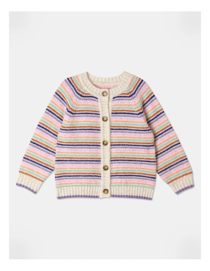 Rainbow Stripe Knit Cardigan in Oat Marle