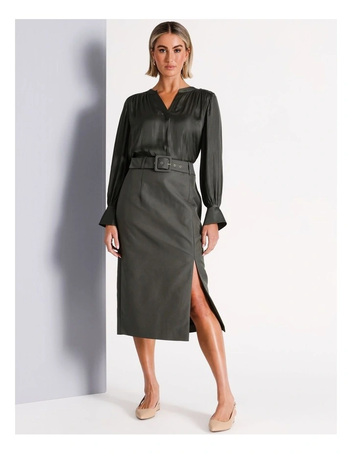 Organic Cotton Blend Belted Midi Pencil Skirt in Khaki