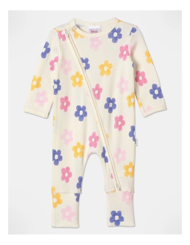 Essential Rib Floral Coverall in Cream