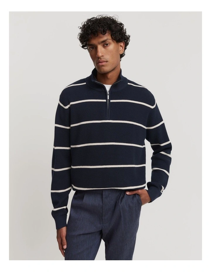 Australian Cotton Stripe Half Zip Knit in Navy