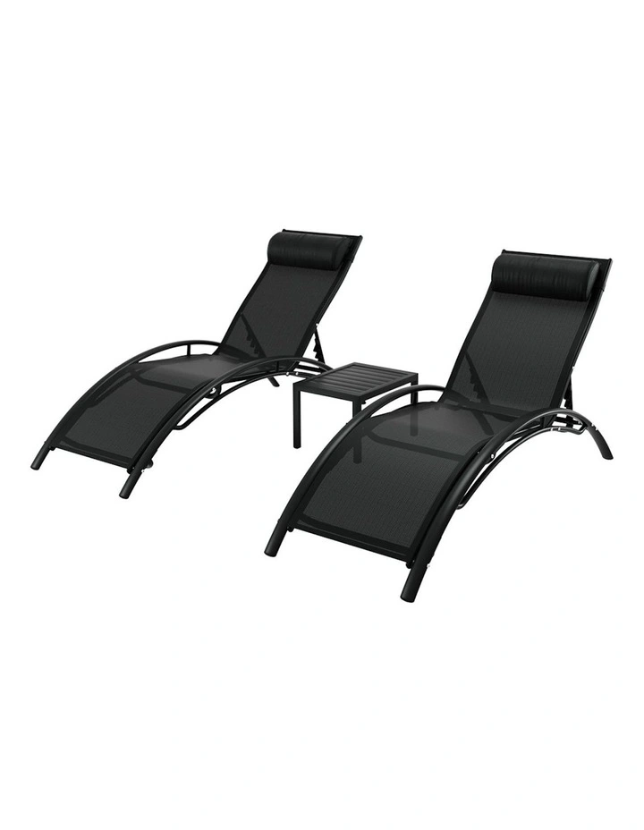 Sun Lounger Steel Table Chairs 3 Pack in Black