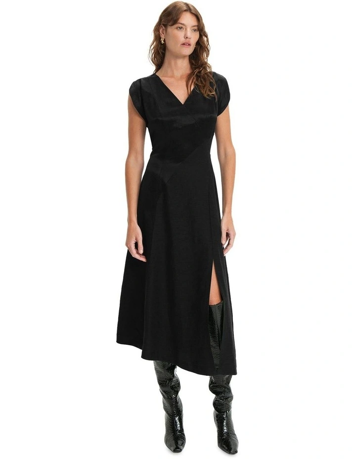 V Neck Midi Dress in Black