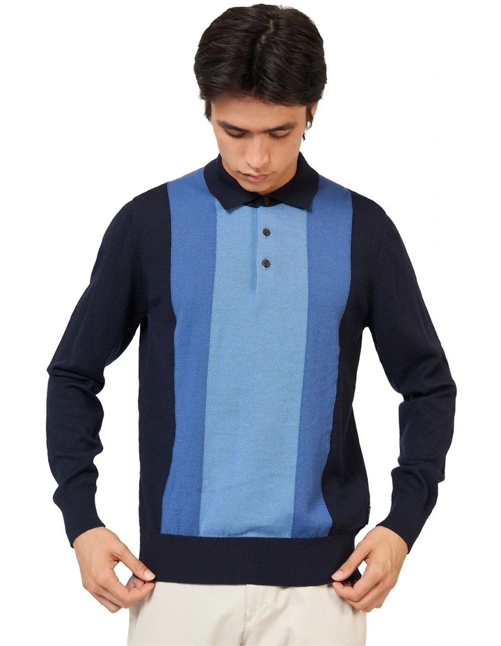 Block Stripe Merino Polo Shirt in Navy