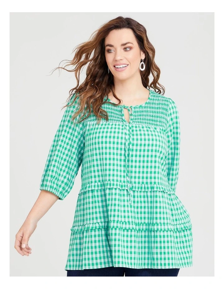 Cotton Blend Gingham Frill Top Sea Green