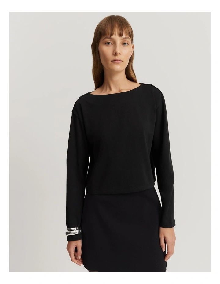 Australian Cotton Long Sleeve Boat Neck T-shirt in Black