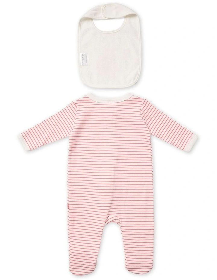 Zip Growsuit and Bib 2 Piece Set in Bunny Striped