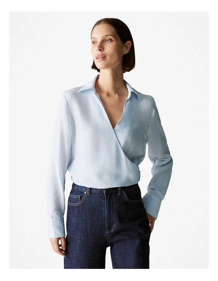 Modal Striped Wrap Detail Shirt in Fresh Blue