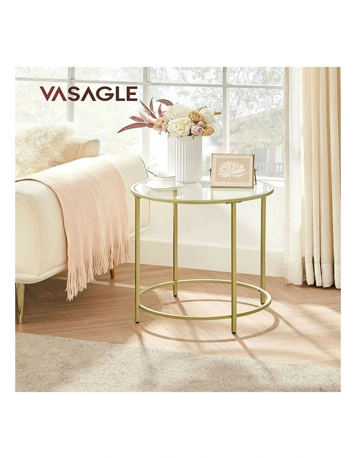 Round Side Tables Tempered Glass with Steel Frame Set of 2 in Gold