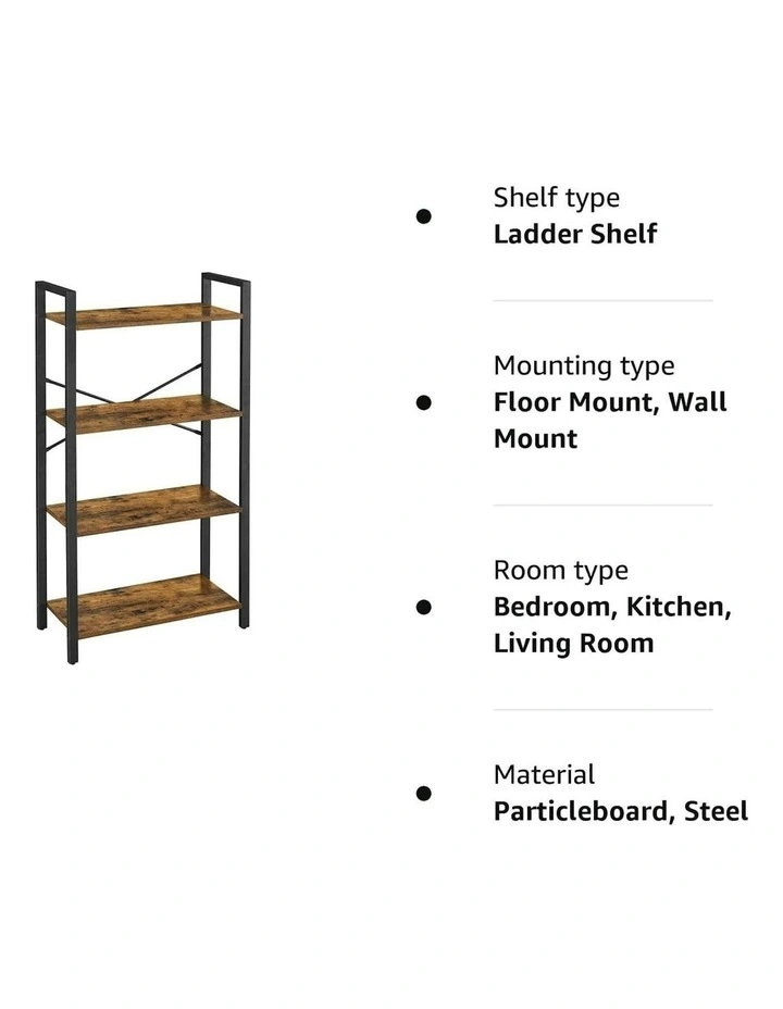 Durable 4 Tier Bookcase Storage Unit for All Room in Rustic Brown/Black