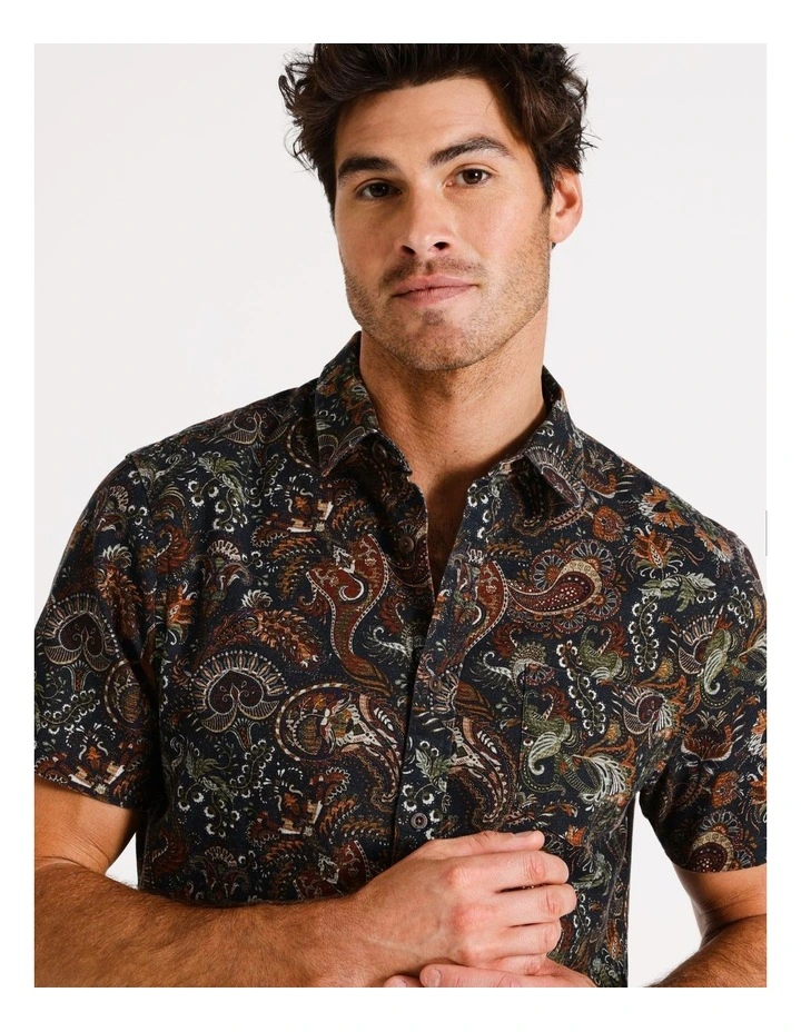 Wilora Tapestry Print Linen Blend Short Sleeve Shirt in Green