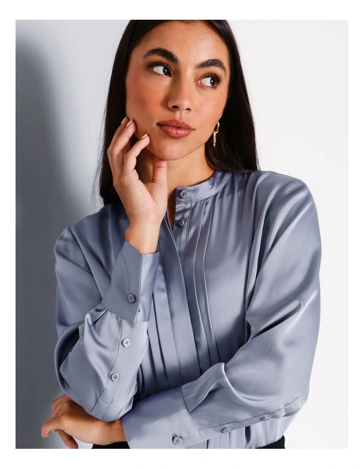 Recycled Polyester Satin Pintuck Shirt in Dusty Blue