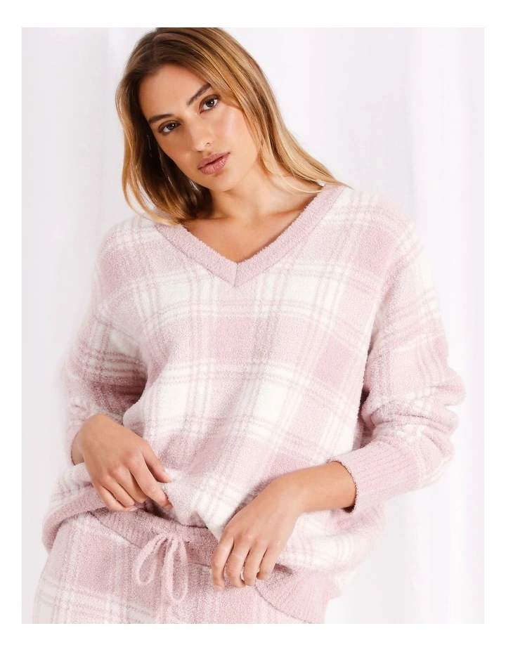 Boucle V-Neck Long Sleeve Top in Pink