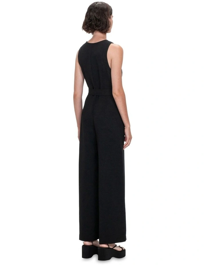 Double Weave Belted Jumpsuit in Black