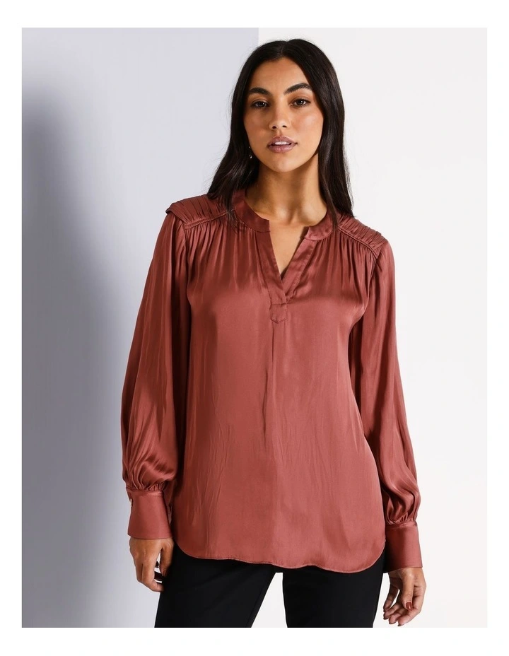 Recycled Polyester V-Neck Satin Blouse in Rust