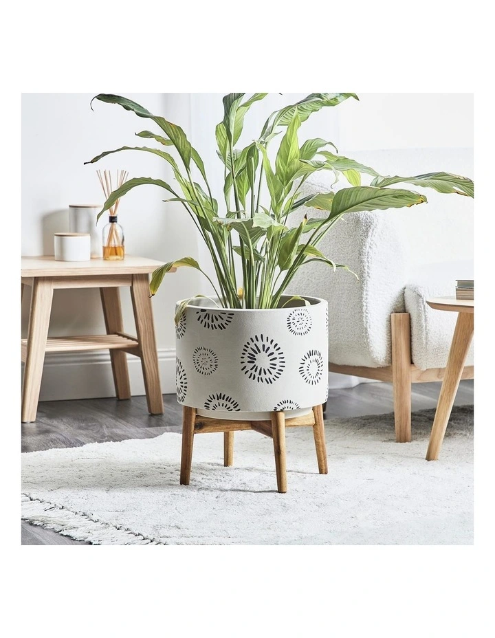 Ceramic Pot On Acacia Wood Stand 42cm in White