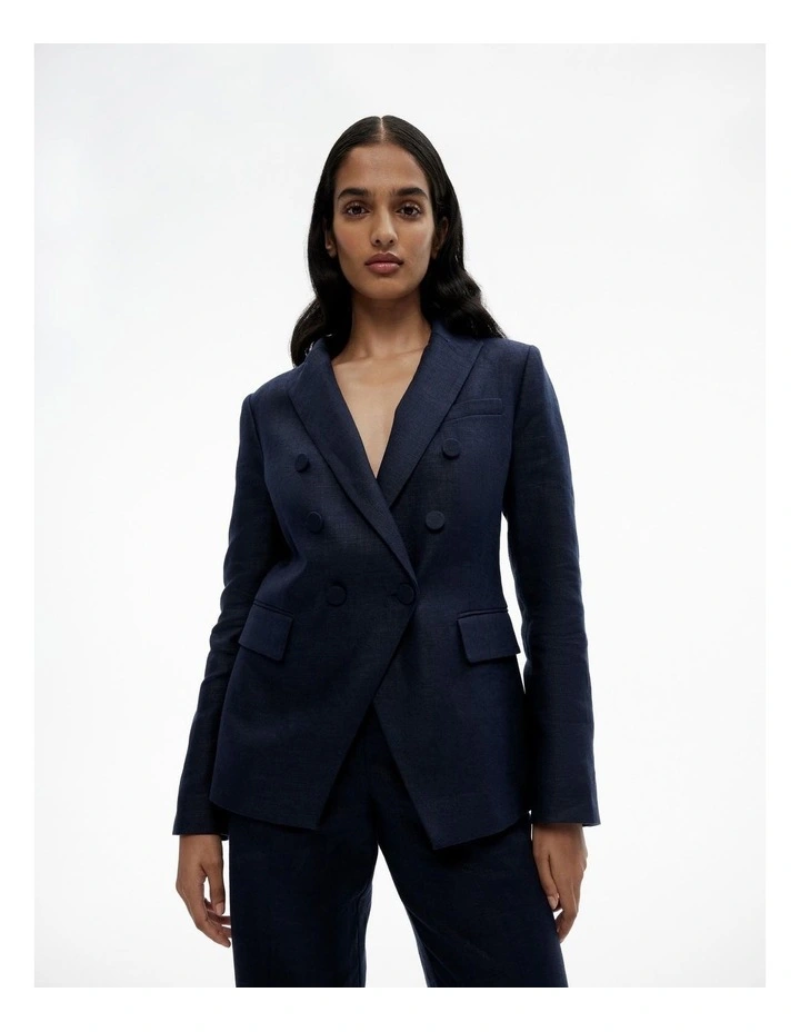 Linen Double-breasted Blazer in Blue Night