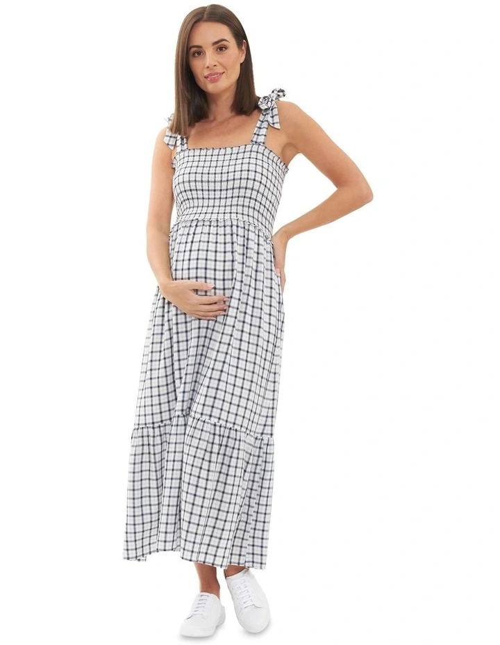 Phoebe Smocked Dress in White/Navy
