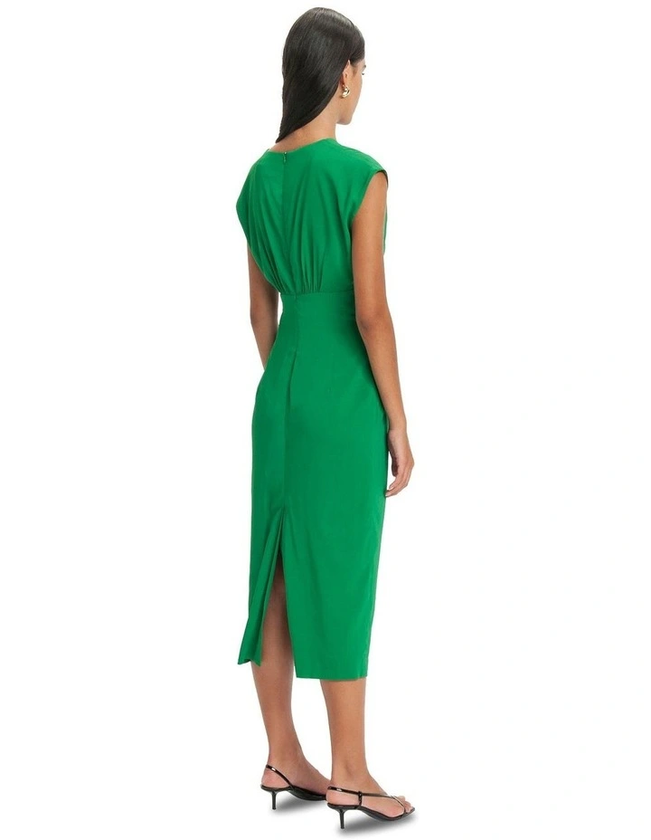 Ruched Bodice V-Neck Midi Dress in Vivid Green