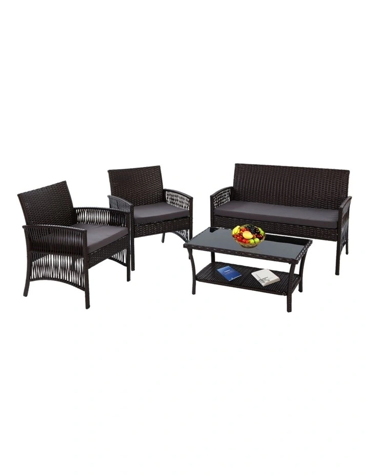 Outdoor Sofa Set Wicker Harp Chair Table Garden Furniture 4PCS in Black