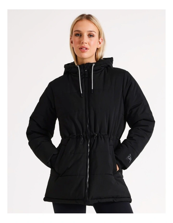 Hooded Puffa Jacket Long in Black