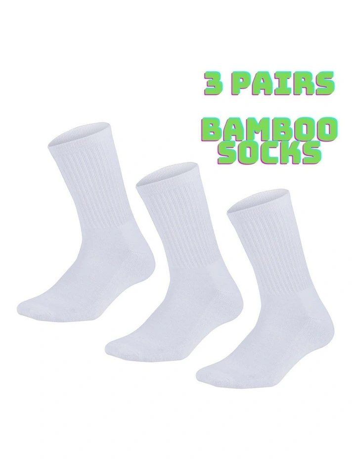 3 Pairs Bamboo Crew Socks in White
