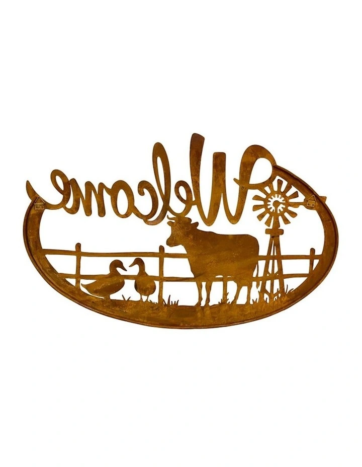 Farm Welcome Sign Outdoor Wall Art in Rust
