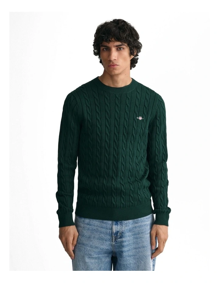Cotton Cable Knit Crew Neck Sweater in Tartan Green