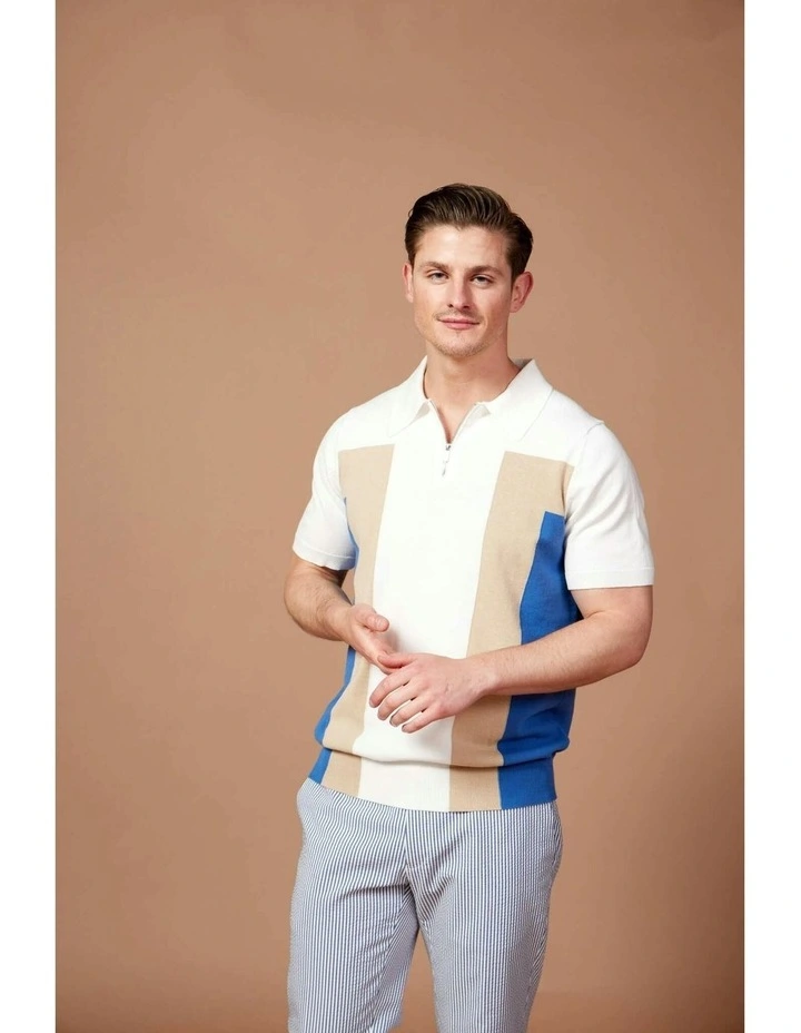 Contrast Zip Short Sleeve Polo Shirt in Assorted