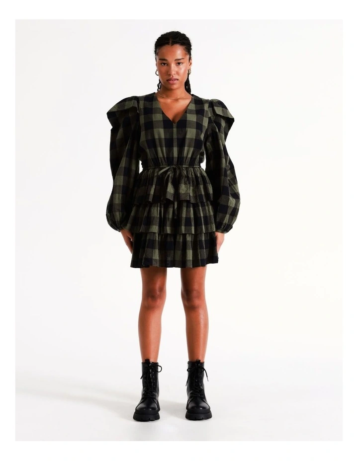 Organic Cotton Tie Front Mini Tiered Dress in Khaki