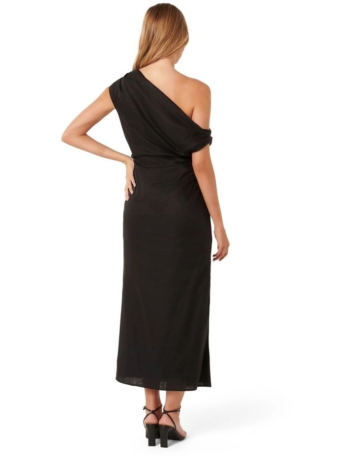 Amara Linen Tipped Shoulder Midi Dress in Black