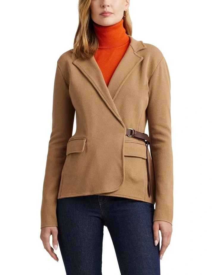 Leather-Trim Cotton-Blend Blazer in Beige
