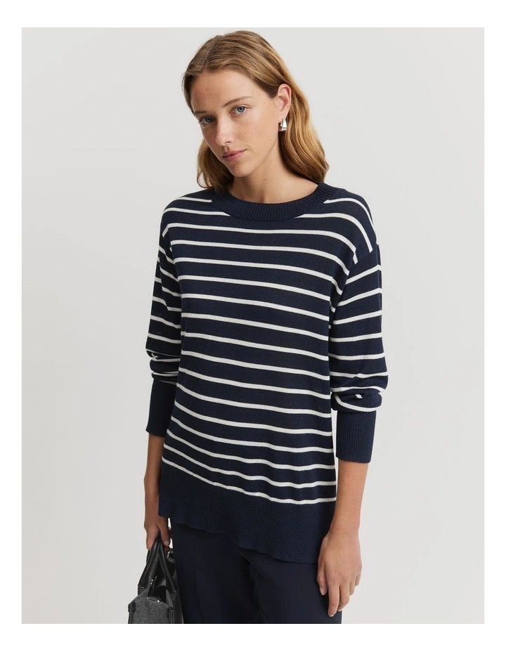 Merino Wool Stripe Crew Knit in Navy Stripe