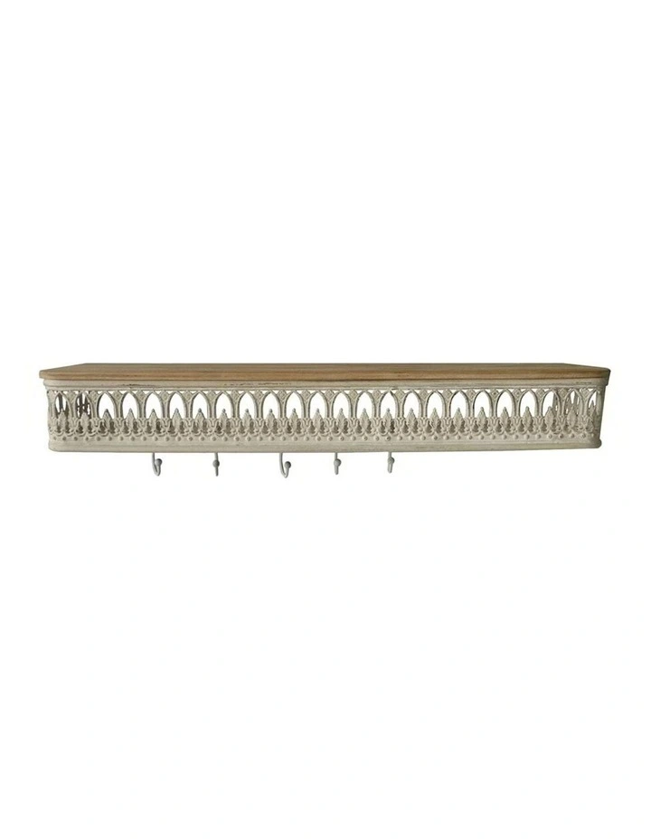 Organiser Wall Shelf with Removeable Hooks in Natural/Distressed White