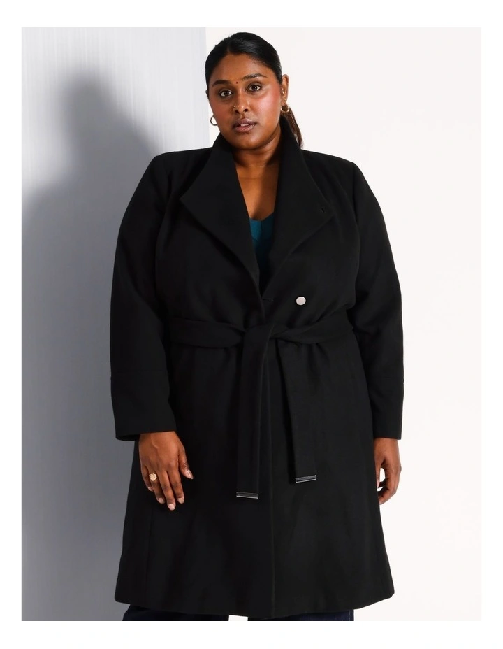 Funnel Neck Wrap Coat in Black