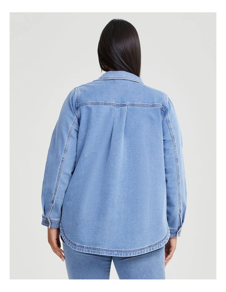 Cotton Curved Hem Denim Shacket in Mid Blue Denim