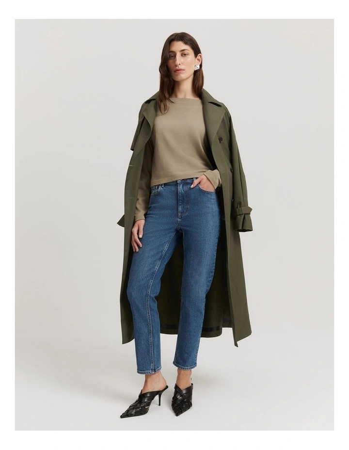 Australian Cotton Long Sleeve Boat Neck T-shirt in Sicilian Olive