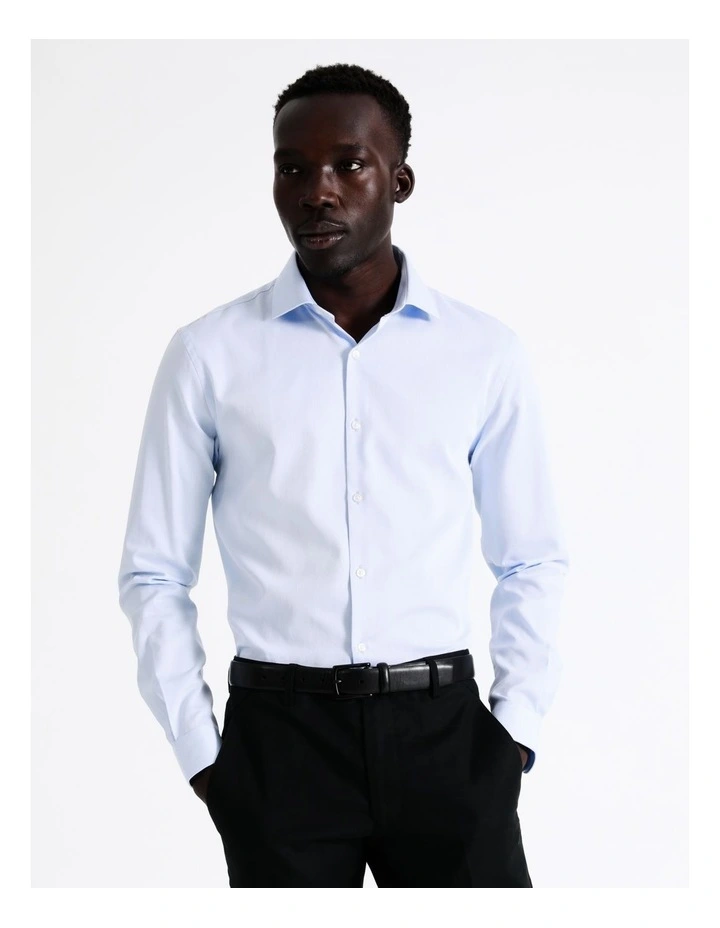 Slim Long Sleeve 1 Colour Dobby Shirt in Light Blue