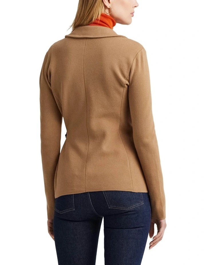 Leather-Trim Cotton-Blend Blazer in Beige